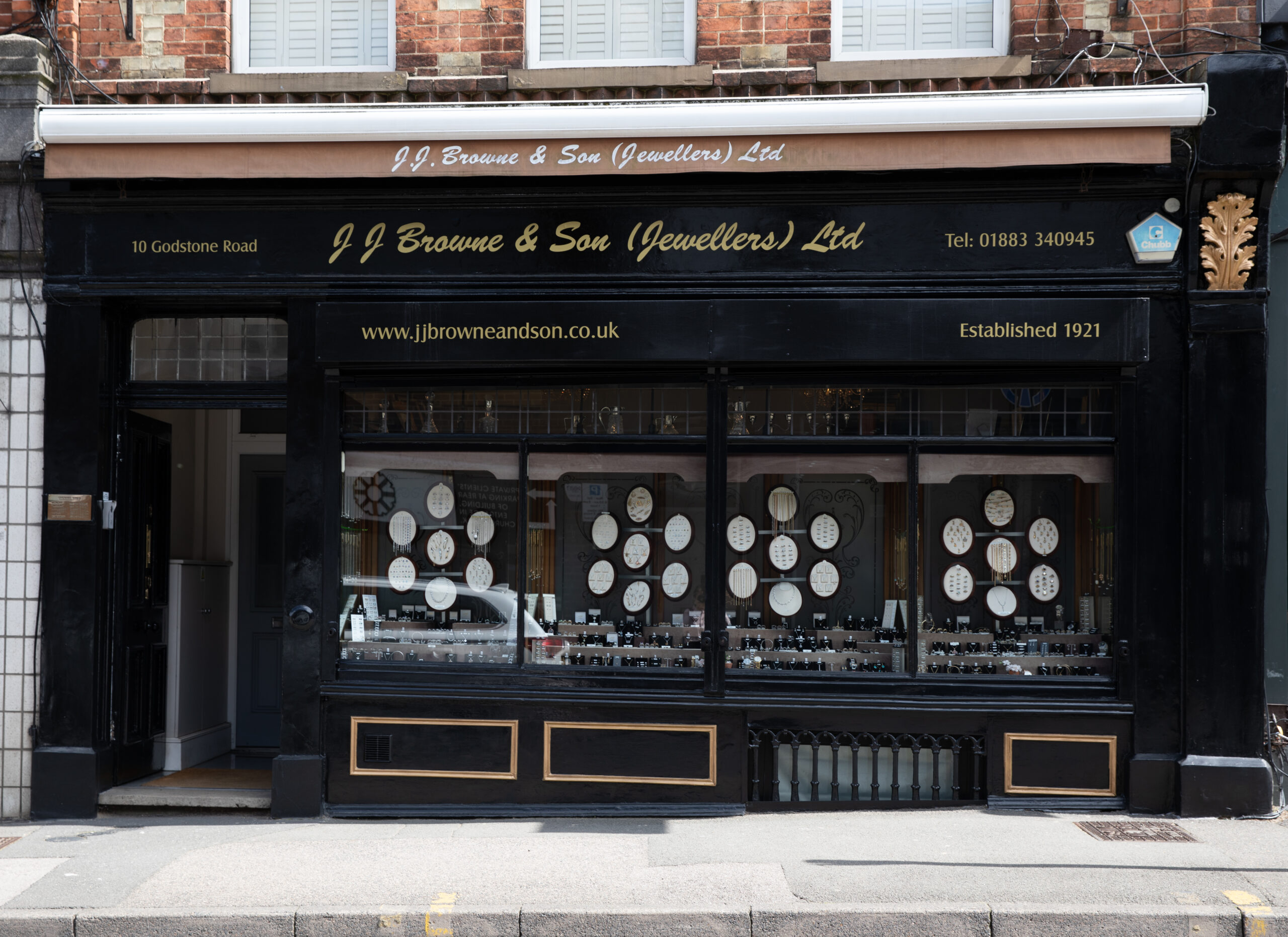 The original Victorian shopfront of family jeweller, JJ Browne & Son, Caterham Valley's longest-running business.